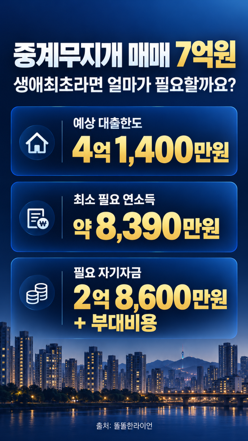 중계무지개 7억 매수, 생애최초 대출 4억 1,400만원 받으려면 연소득은?