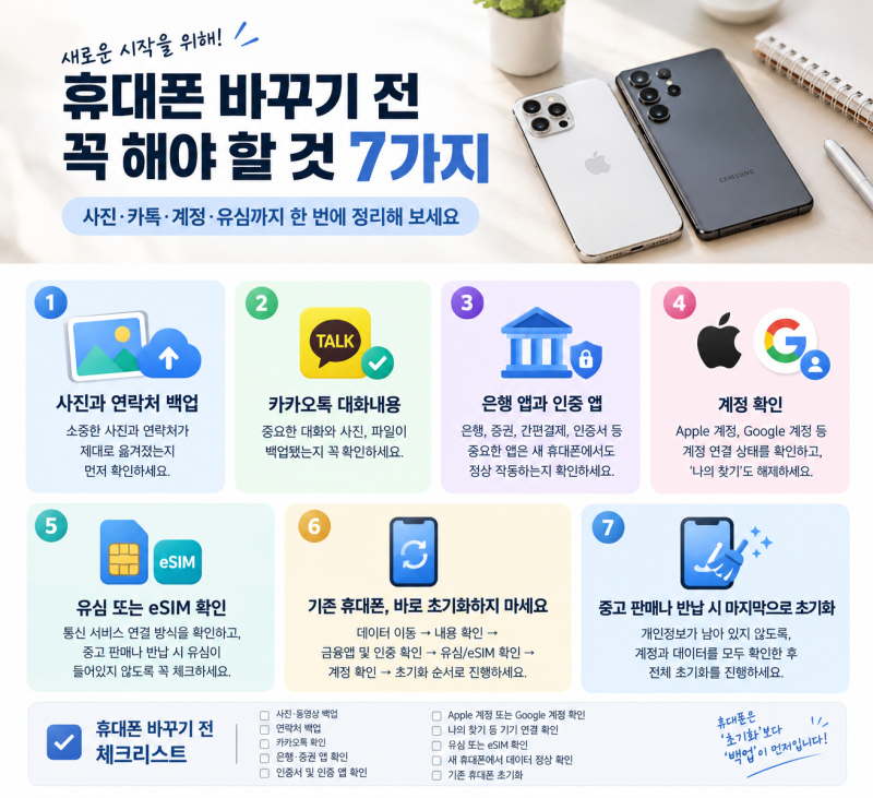 휴대폰 바꾸기 전 꼭 해야 할 것 7가지사진·카톡·계정·유심까지 한 번에 정리해 보세요