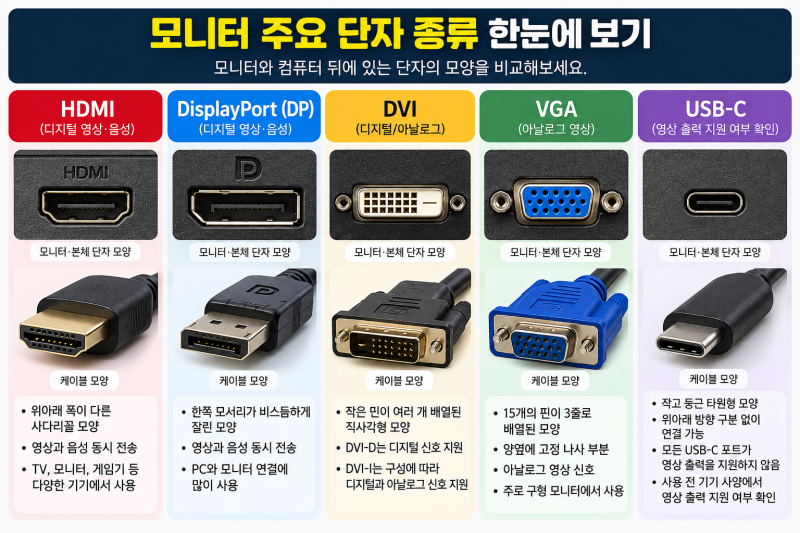 모니터 단자 종류 구별법, HDMI·DP·DVI·VGA 모양부터 확인하세요