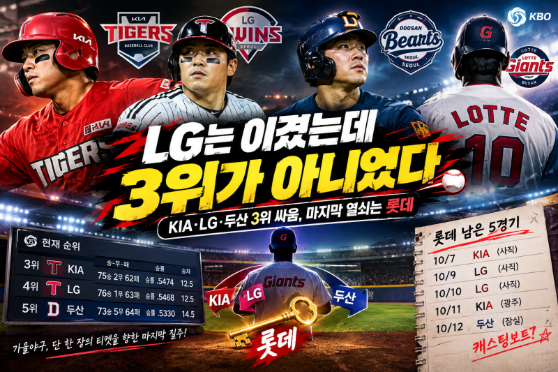 LG는 이겼는데 3위가 아니었다… KIA·LG·두산 3위 싸움, 마지막 열쇠는 롯데