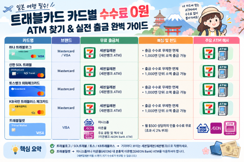 일본 여행 필수! 트래블카드 카드별 수수료 면제 ATM 찾기 & 실전 출금 완벽 가이드(하나, 신한....