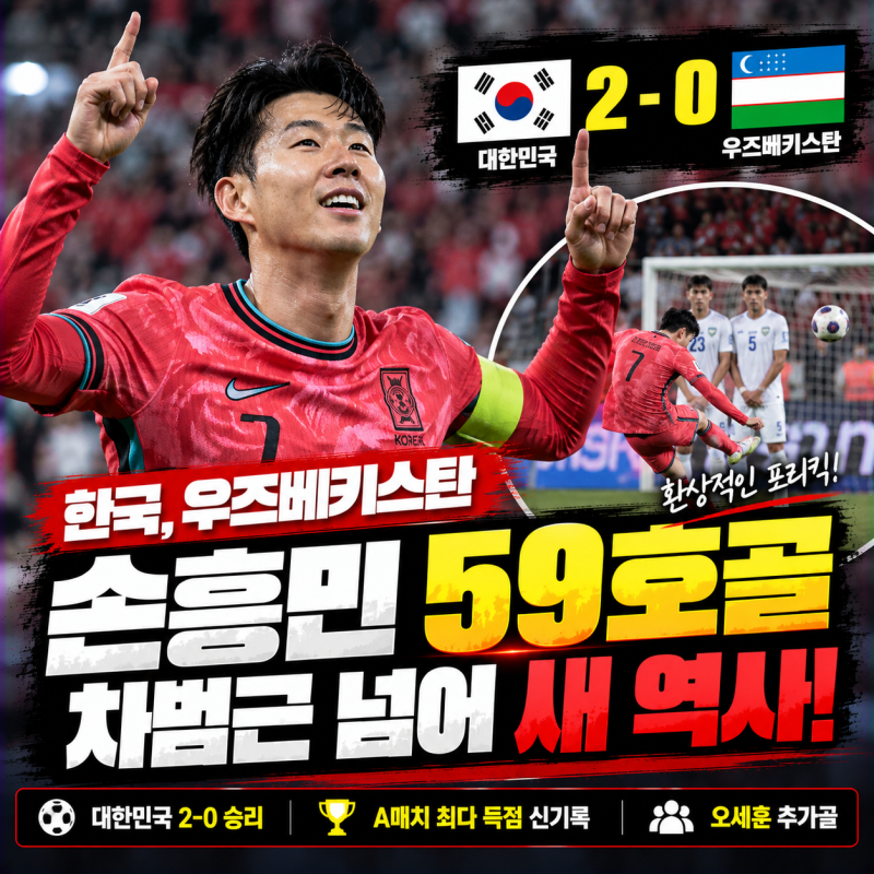 [스포츠] 한국 우즈베키스탄 2-0 승리…손흥민 59호골, 차범근 넘어 새 역사 썼다