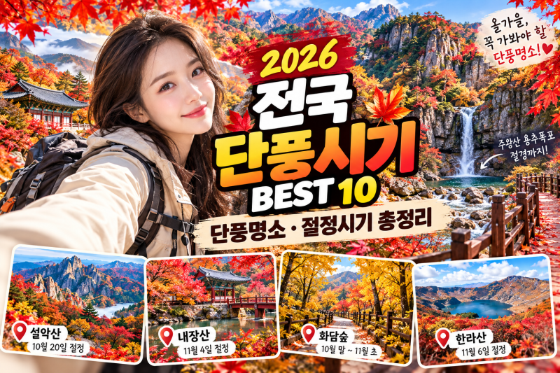 2026 전국 단풍시기 BEST 10, 설악산·화담숲·내장산 단풍 절정시기와 명소 총정리