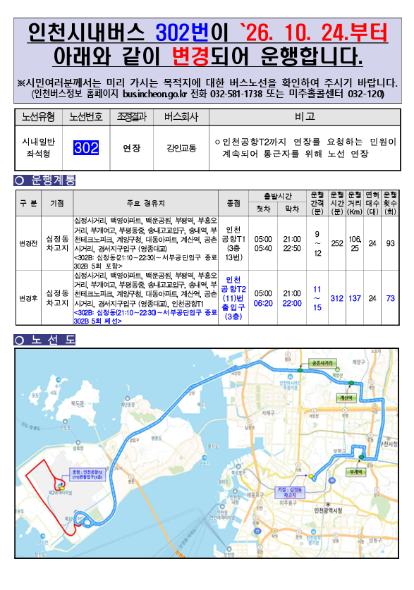 [노선 변경 안내] 203,205,206번(하늘도시), 302번(인천공항T2), 92,9902번(검단), 532,535번(서창동) 등 ....