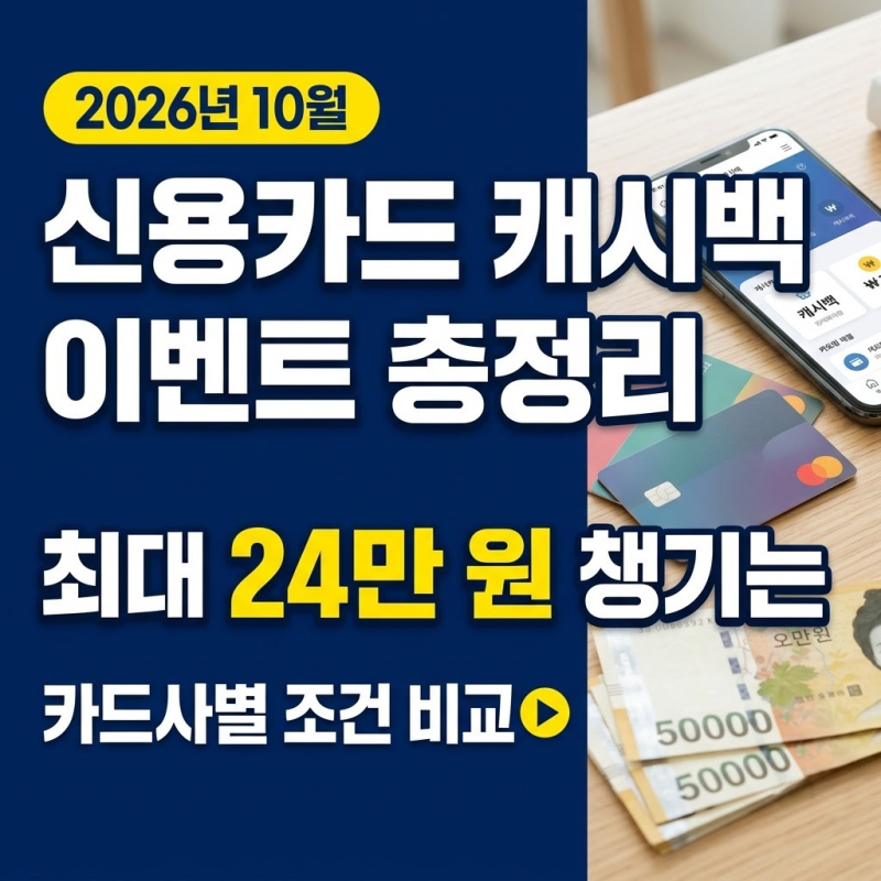 2026년 10월 신용카드 캐시백 이벤트 총정리, 최대 24만 원 챙기는 카드사별 조건 비교