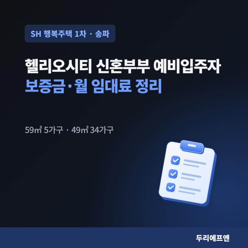 송파 헬리오시티 행복주택, 신혼부부 예비입주자 39가구 — 보증금과 월 임대료 총정리