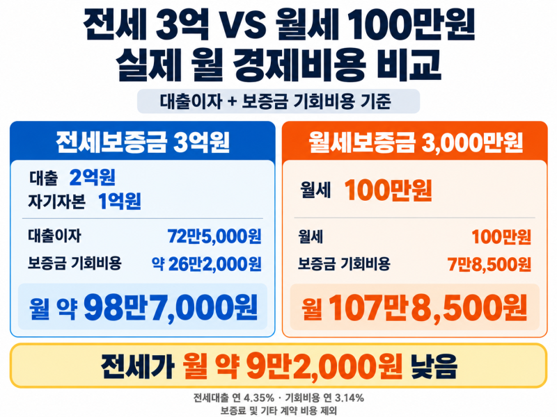 전세대출 2억 vs 월세 100만원, 금리 4.35%로 계산한 실제 주거비