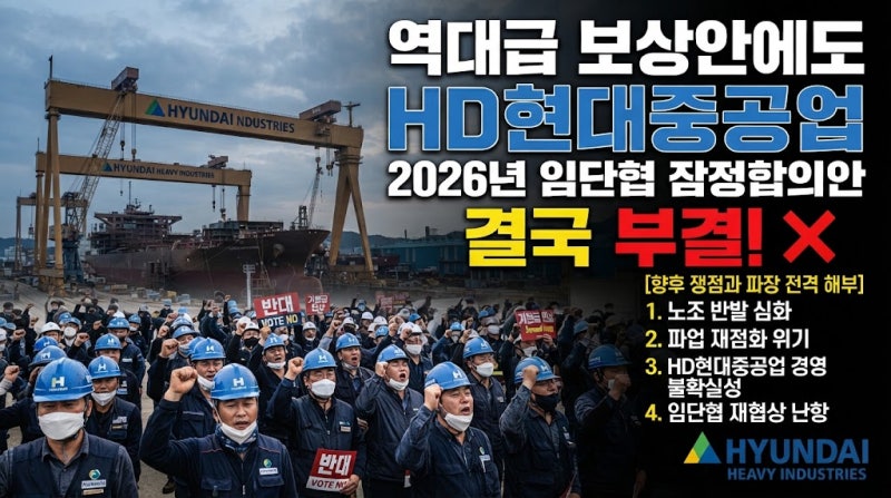 "역대급 보상안에도 퇴짜?" HD현대중공업 2026년 임단협 잠정합의안 결국 부결, 향후 쟁점과 파....