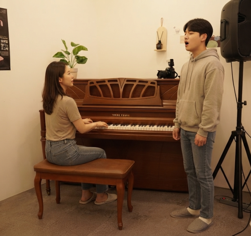 오늘은뮤직 오산점 보컬 강사가 수강생과 1:1로 발성을 점검하는 모습