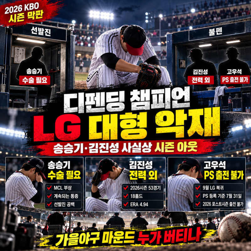 디펜딩 챔피언 LG에 대형 악재, 송승기·김진성 사실상 시즌 아웃, 가을야구 어쩌나