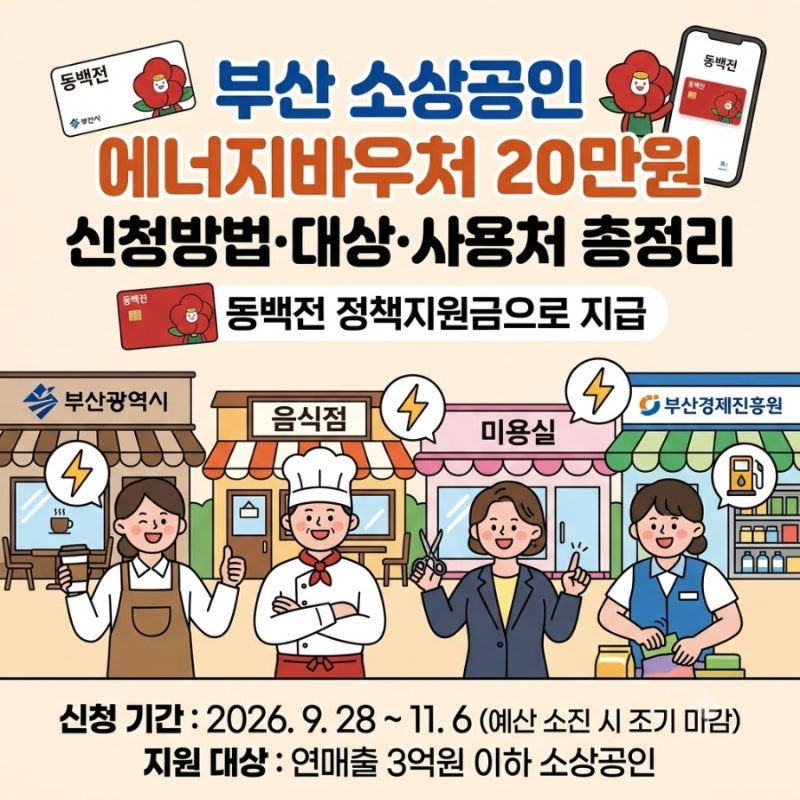 부산 소상공인 에너지바우처 20만원 신청방법｜동백전 지급 대상·사용처·기간 총정리