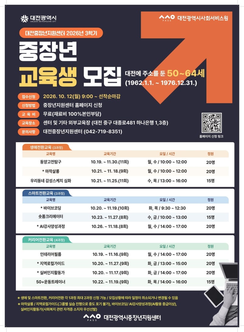 대전중장년지원센터, '인생 2막' 교육생 모집