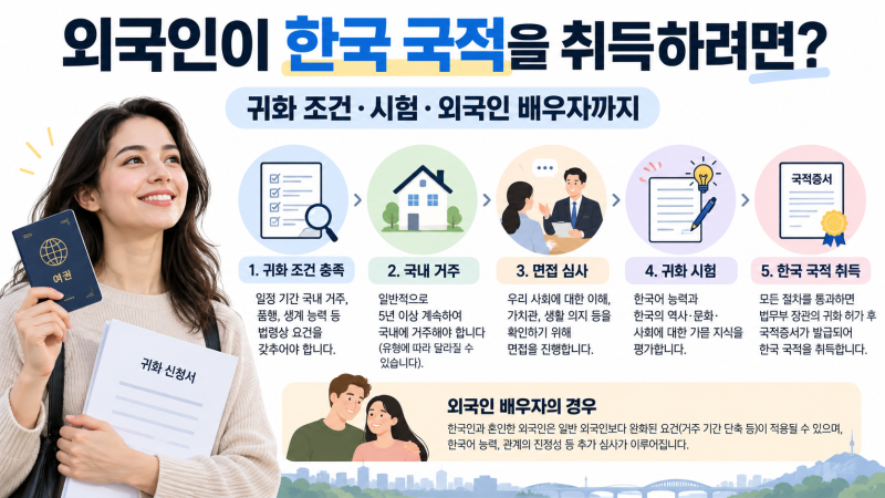 [생활 정보] 외국인이 한국 국적을 취득하려면?｜귀화 조건·시험·외국인 배우자까지