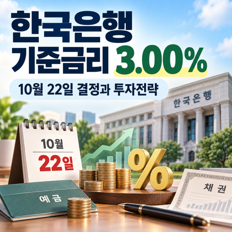한국은행 기준금리 3.00%, 10월 22일 추가 인상할까? 50대 예금·채권 투자전략(향후 전망, 기대....
