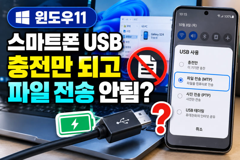윈도우11 스마트폰 USB 인식 안됨｜충전만 되고 파일 전송 안 될 때 해결 방법