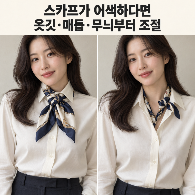스카프 코디가 어색하다면? 옷깃·매듭 위치·무늬 맞추는 법