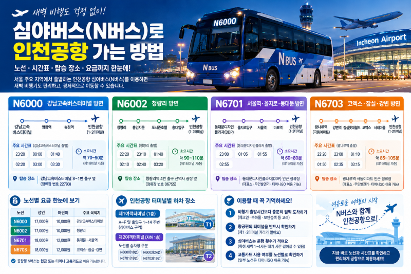심야버스(N버스)로 인천공항 오가는 방법｜노선·탑승 장소·시간표·요금 총정리