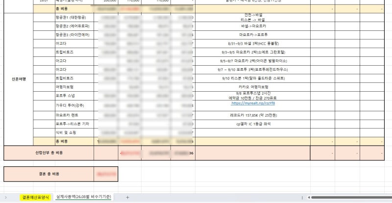 26년 결혼비용 총 정리 항목별 비용 공유(결혼준비 예산표 엑셀)