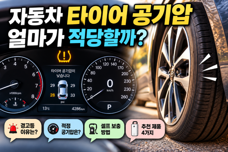 자동차 타이어 공기압 얼마가 적당할까? 경고등부터 셀프 공기압 보충 방법까지