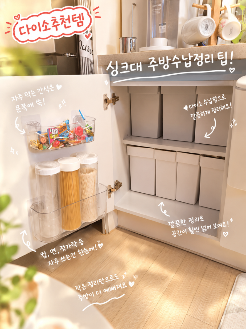 주방정리 이렇게 해보세요! 싱크대 수납정리함 활용한 주방수납정리팁(fate.다이소추천템)