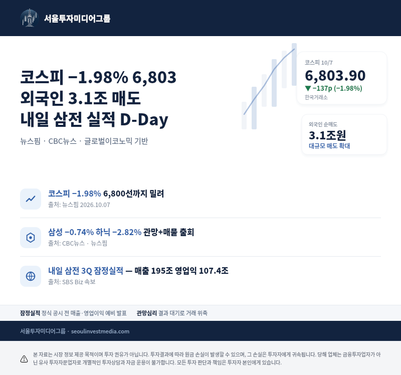 [서울투자미디어그룹] 코스피 −1.98% 6,803 폭락 → 외국인 3.1조 매도, 내일 삼성전자 잠정실적....
