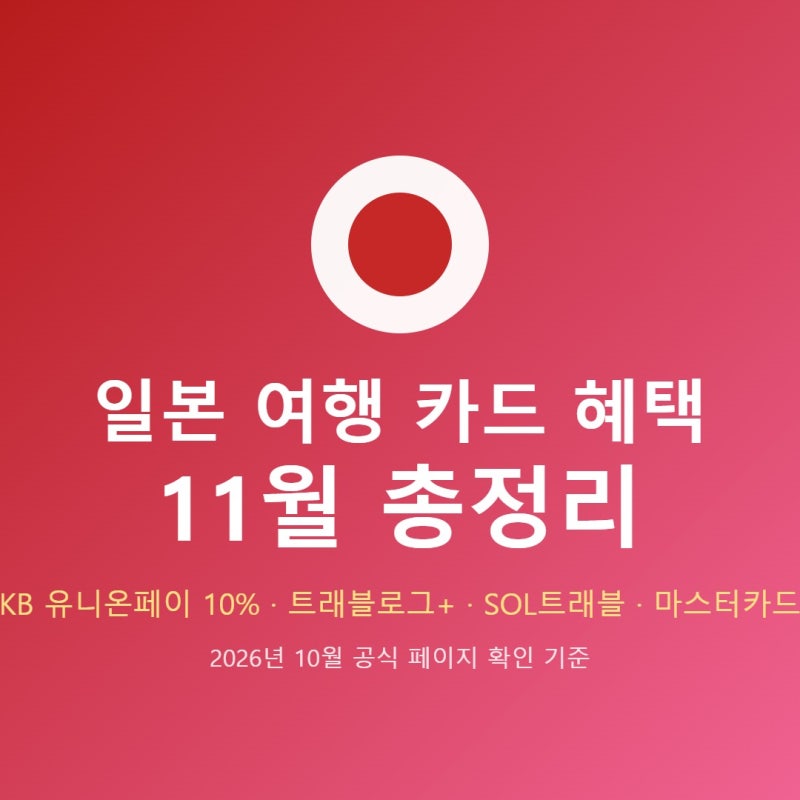 일본 여행 카드 혜택 11월 총정리, 유니온페이 10%·트래블로그+·SOL트래블·마스터카드 캐시백