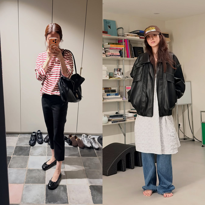 정려원 옷 가방 사복 패션, 인스타 속 루에브르 하이넥 레더자켓 아르쉐 빅백 발레리나 플랫....