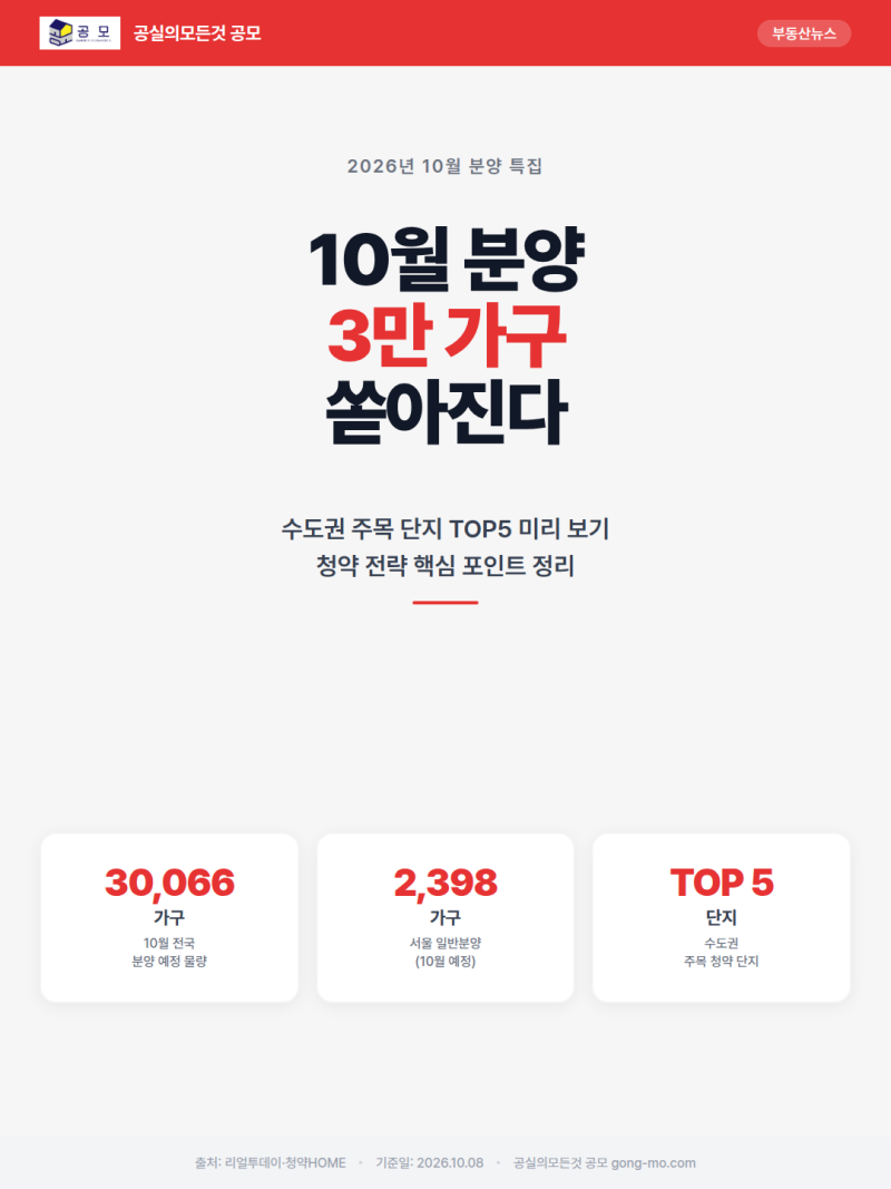 2026년 10월 서울·수도권 아파트 청약 일정은? — 이달 주목 분양 단지 TOP5