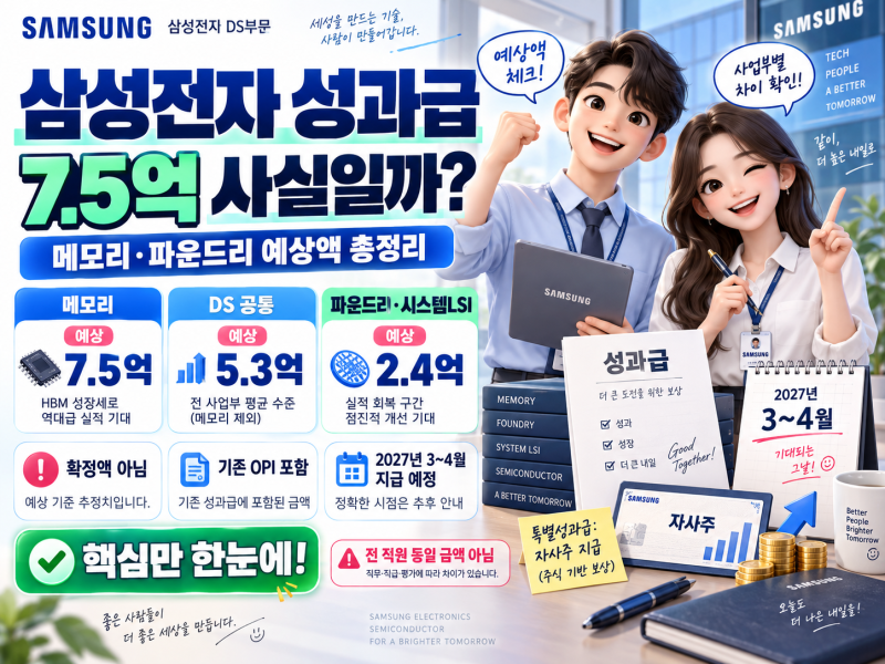 삼성전자 성과급 7.5억 사실일까? 메모리·파운드리 예상액·2027년 지급일 정리