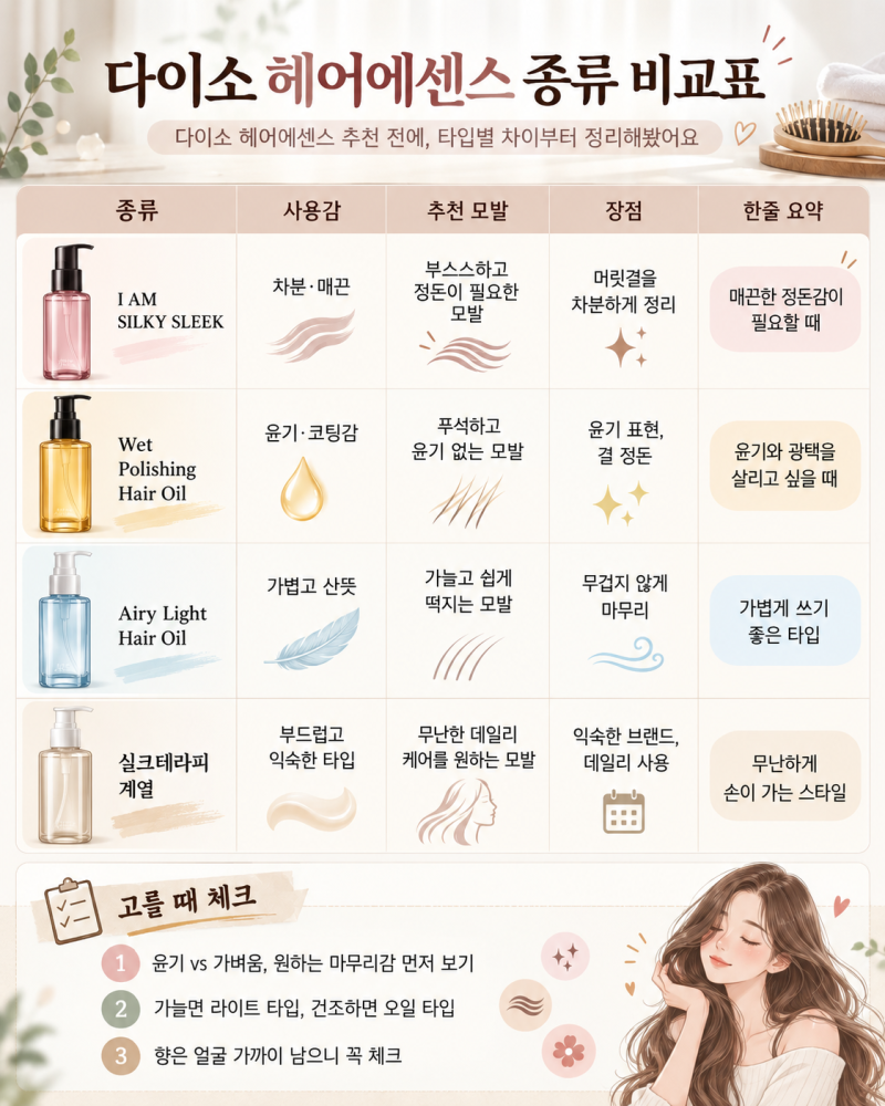 다이소 헤어에센스 추천, 종류가 이렇게 많아? 직접 비교해봤어요.