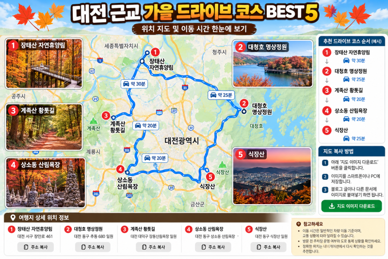 대전 근교 가을 드라이브 코스 BEST 5｜주차장·맛집·사진 명소까지