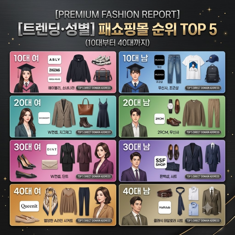 [패션 정보] 연령별·성별 패션 쇼핑몰 인기 순위 TOP 5 (10대부터 40대까지 정리)