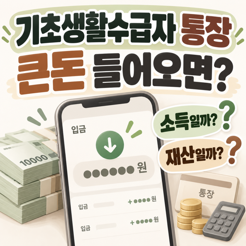 기초생활수급자 통장에 큰돈 들어오면? (목돈 입금·소득·재산 반영)