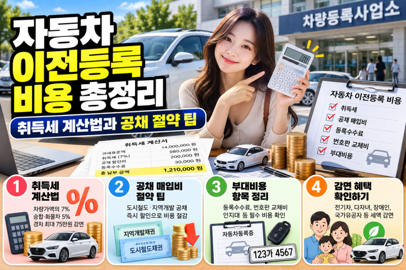 자동차 이전등록 비용 총정리: 취득세 계산법과 공채 절약 팁