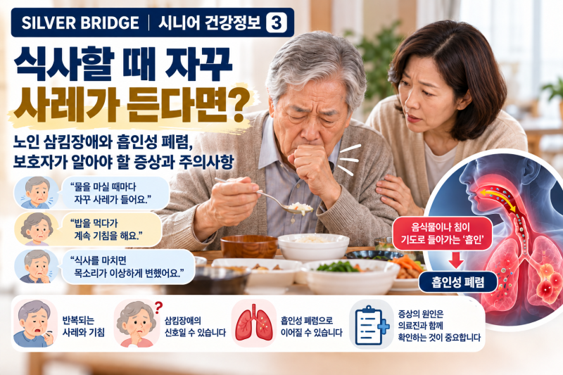식사할 때 자꾸 사레가 든다면?노인 삼킴장애와 흡인성 폐렴, 보호자가 알아야 할 증상과 주....