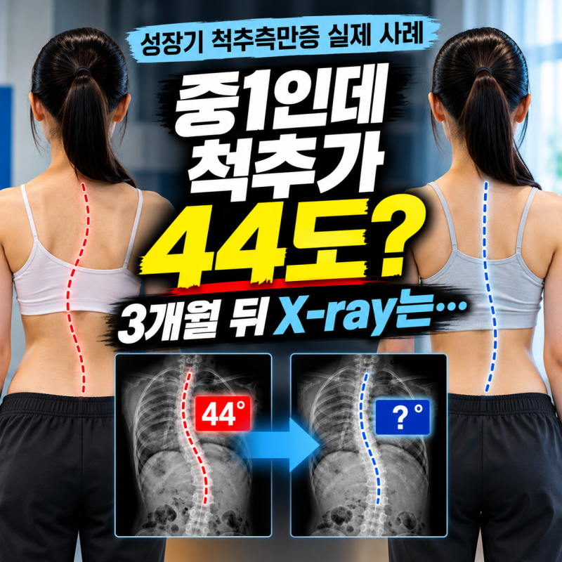 척추측만증 40도 이상, 중1 여학생의 4개월 후 X-ray와 체형 변화