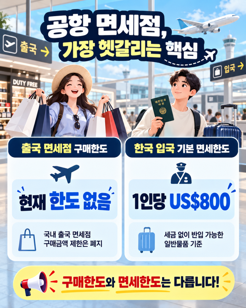 ✈️ 공항 면세점 이용 꿀팁 총정리｜구매한도·800달러 면세한도·술·향수·담배 기준까지