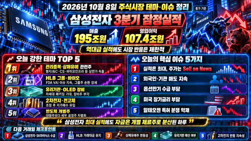 2026년 10월 8일 주식시장 정리, 삼성전자 역대급 실적에도 증시는 하락…오늘 돈 몰린 종목은 ....