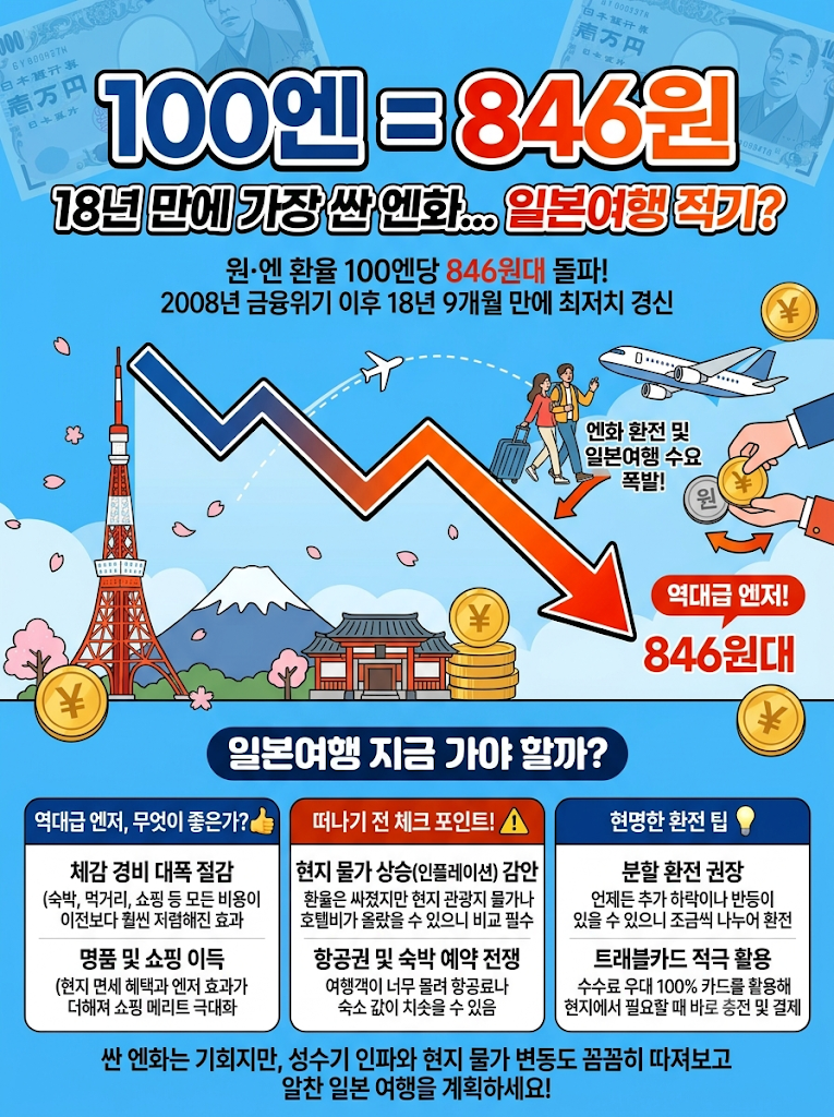 "10만 엔 환전하면 10만 원 넘게 아낀다?" 100엔당 846원, 18년 9개월 만에 가장 싼 '역대급 엔저'