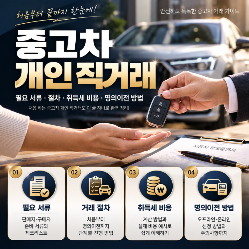 중고차 개인 직거래 팔때 필요 서류 절차, 살때 취득세 비용 명의이전 방법까지