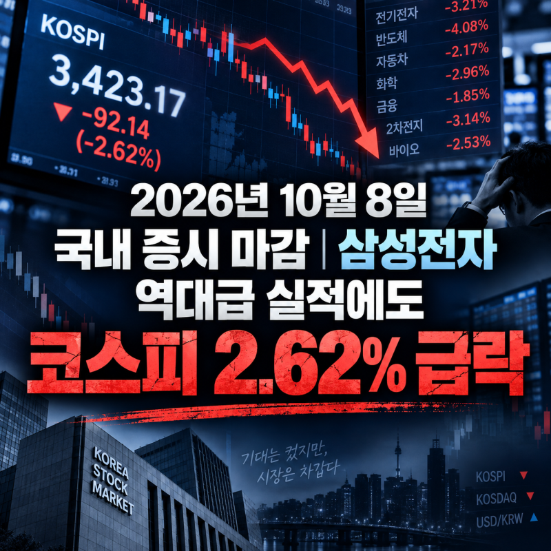 2026년 10월 8일 국내 증시 마감｜삼성전자 역대급 실적에도 코스피 2.62% 급락