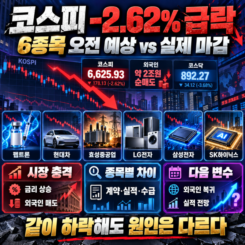 코스피 2.62% 급락, 외국인 2조원 매도 속 6종목 하락 원인과 다음 시장 변수