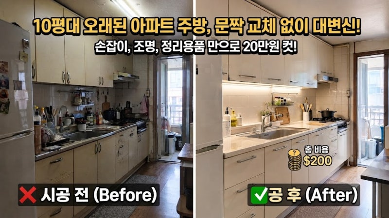 10평대 오래된 아파트 주방을 문짝 교체 없이 손잡이와 조명, 정리용품만 바꿔 분위기 전환한....