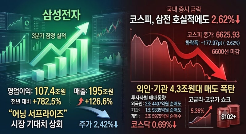 오늘의 증시｜ 코스피, 삼전 호실적에도2.62%↓ 6600선… 외인· 기관 4.3조 매도 폭탄