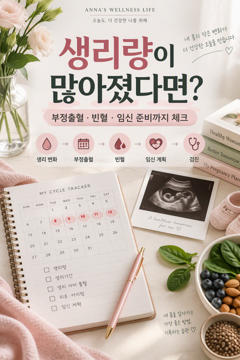 생리량이 갑자기 많아졌다면? 부정출혈·자궁근종·빈혈·임신 준비 체크리스트