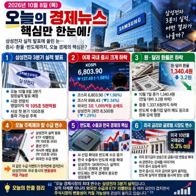 2026년 10월 8일 경제기사 종합삼성전자 실적 발표에 쏠린 눈…코스피·환율·반도체까지 오늘 ....
