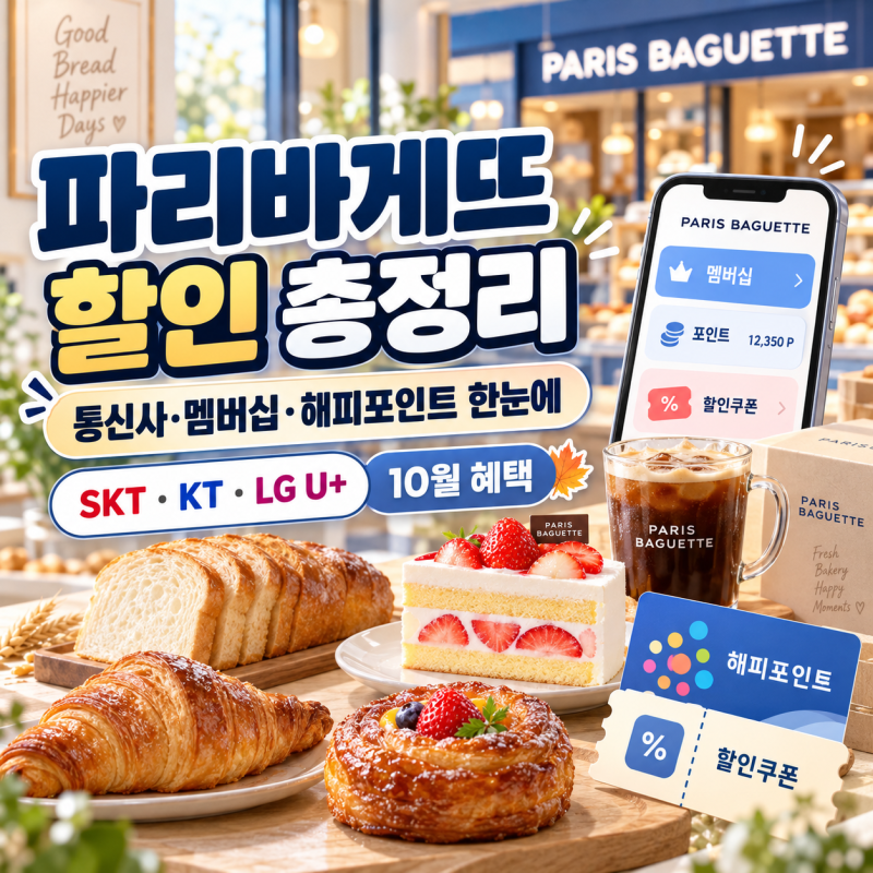 파리바게뜨 할인 총정리 SKT, KT, LG U+ 파리바게트 통신사 할인부터 해피포인트, 10월 이벤트까....