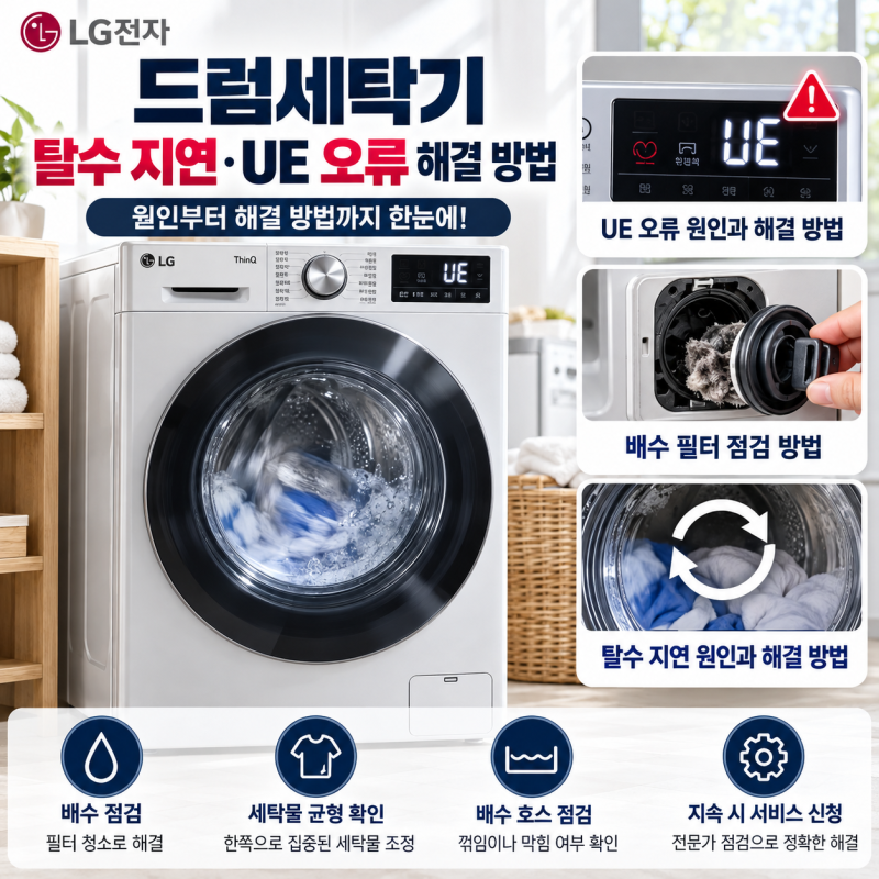 LG 드럼세탁기 탈수가 오래 걸릴 때, UE 오류부터 배수 필터까지 확인한 해결 가이드