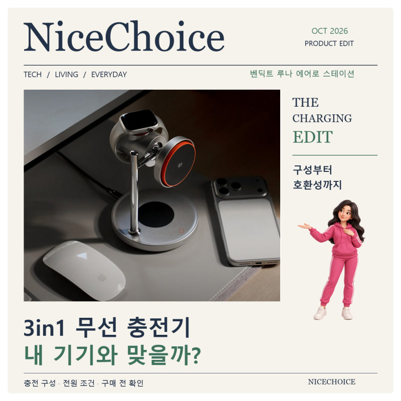 책상 위 충전 자리, 하나로 모아볼까요? 3in1 무선충전기! 벤딕트 루나 에어로 스테이션의 매....