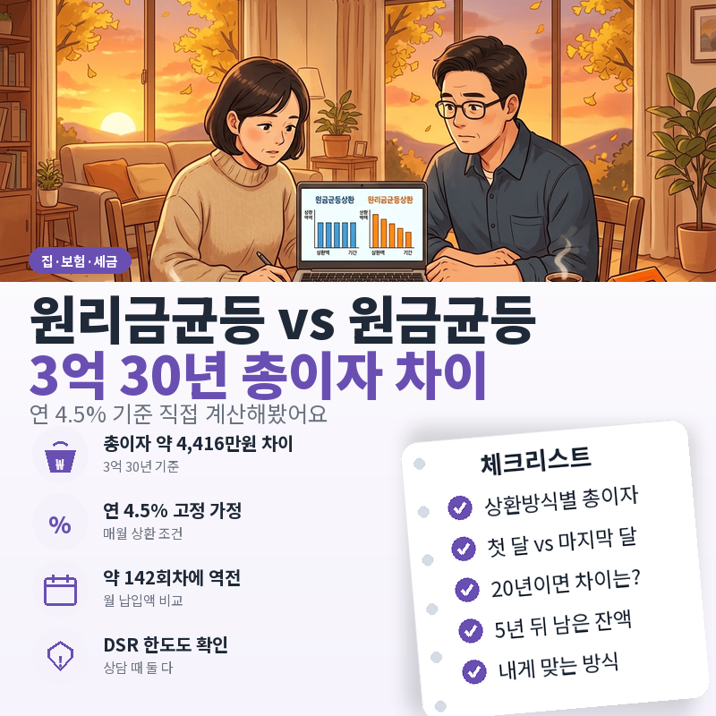 주택담보대출 원리금균등 원금균등 차이, 3억 30년 기준 총이자 4,400만원 벌어집니다